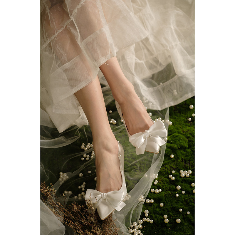 【椿】初 霁/i蝴蝶结侧曲线珍珠尖头细跟高跟鞋仙女风公主伴娘婚