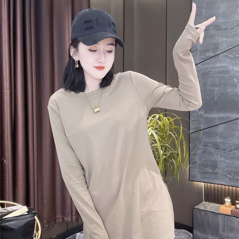 圆领中长款侧开叉小众设计净版百搭打底衫L简约小个子T恤长袖女衫