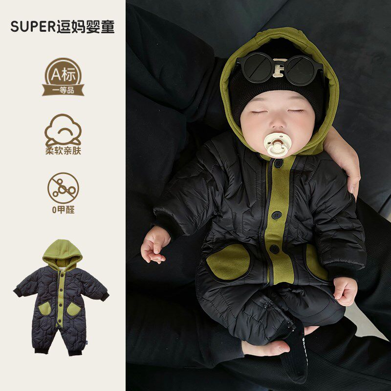 婴儿秋冬外出服宝宝冬装棉衣x韩版洋气婴幼儿加绒加厚连体衣百日