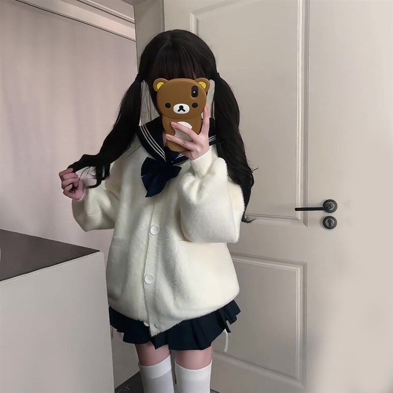 秋冬小个a子毛绒绒jk制服毛衣女日系学院风白色毛茸茸开衫外搭套