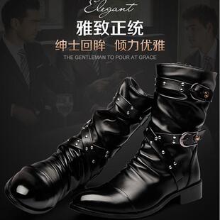 春秋季高帮皮鞋男靴m中筒韩版马丁靴男尖头英伦时尚加绒保暖皮靴