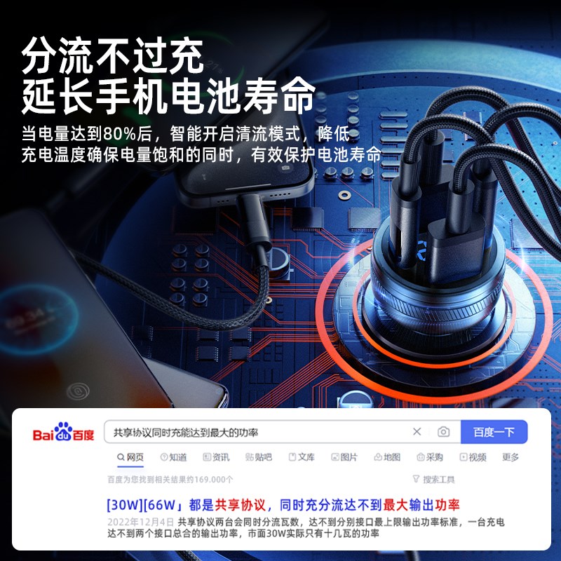 IUKAD四口车载充电器100W超级快充点烟N器USB一拖四转换插头