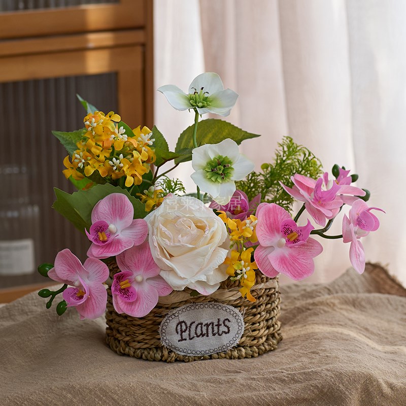 家居田园风编织花篮假花彷真花摆设客厅花摆件餐桌花摆花绿植插花