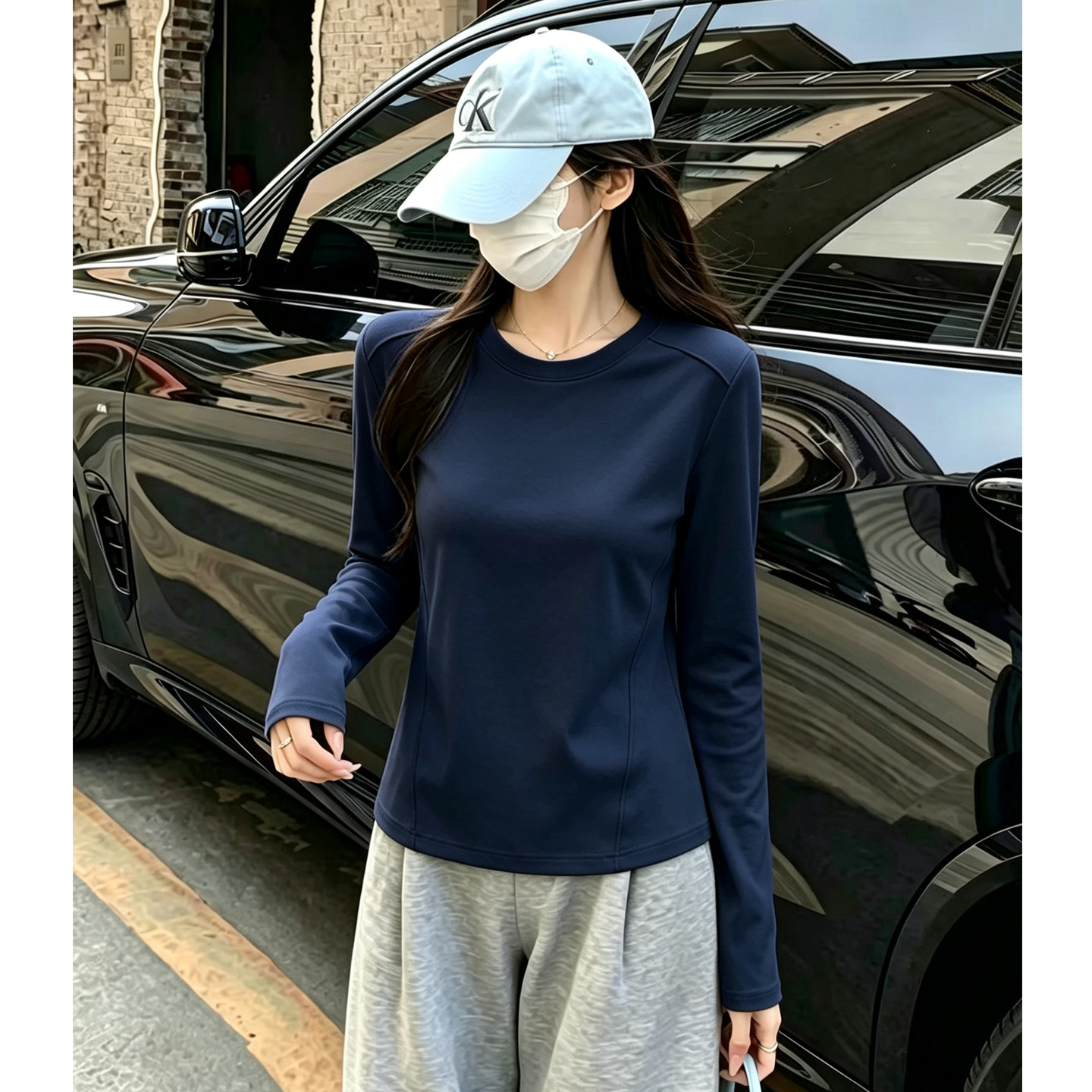 显白藏青色鱼骨设计长袖2026新款图片