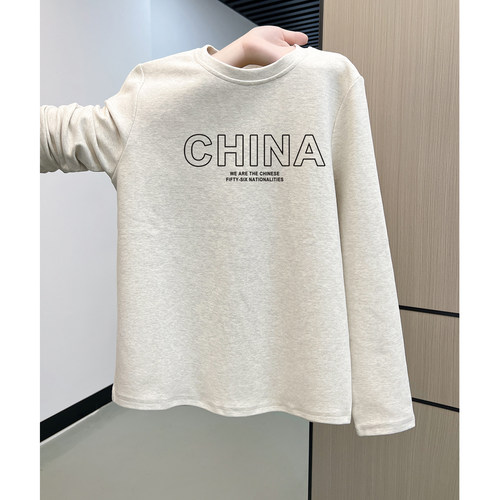 伶韩CHINA印花燕麦色磨毛长袖女