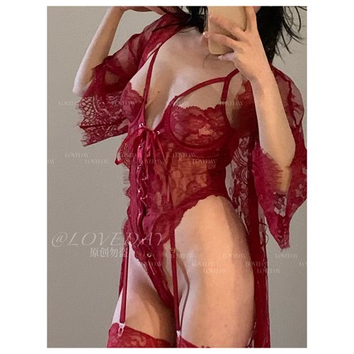 LOVEDAY【荡漾】 勃艮第红性感蕾丝边绑带V领透约会诱惑连体衣女