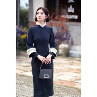 冬季新款藏青色旗袍冬装中长款加绒加厚旗袍改良版民国风搭配马甲