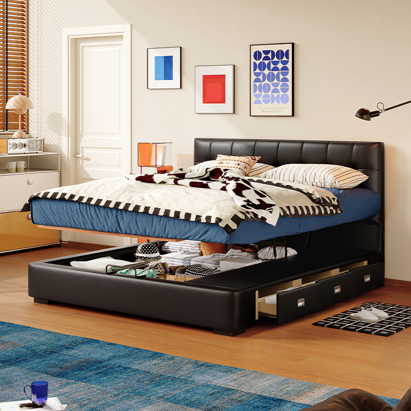 中古风全真皮床卧室储物床