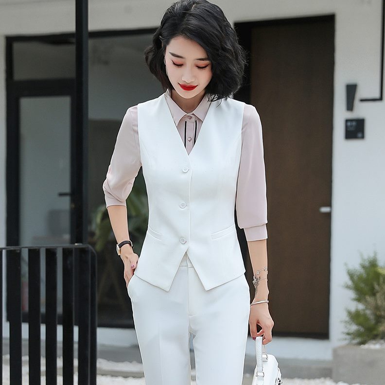 2024春季工装两件套西服马夹白色西装短款背心套装马甲女上衣秋冬