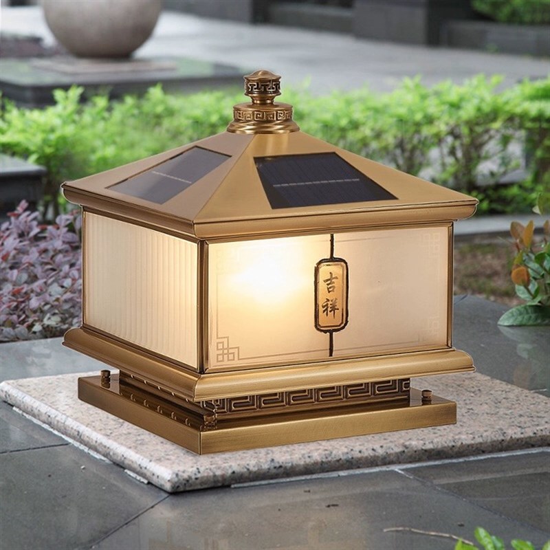 全铜太阳能柱头灯户外围s墙庭院灯别墅花园中式门柱灯大门口柱子