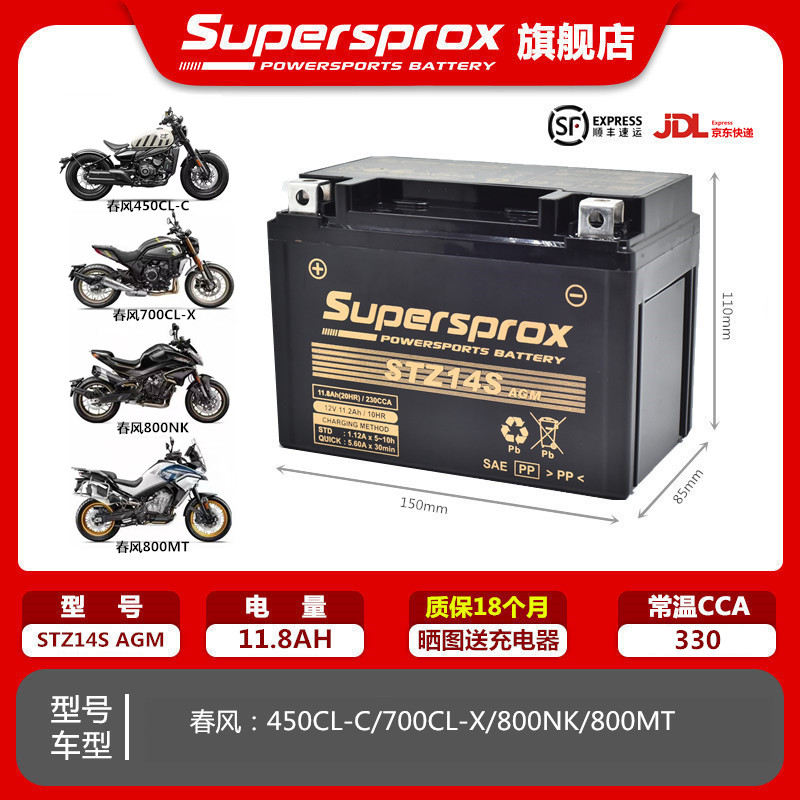适用春风450CL-C 700CL-X 800MT  800NK MGZ14S摩托车电瓶电池12V