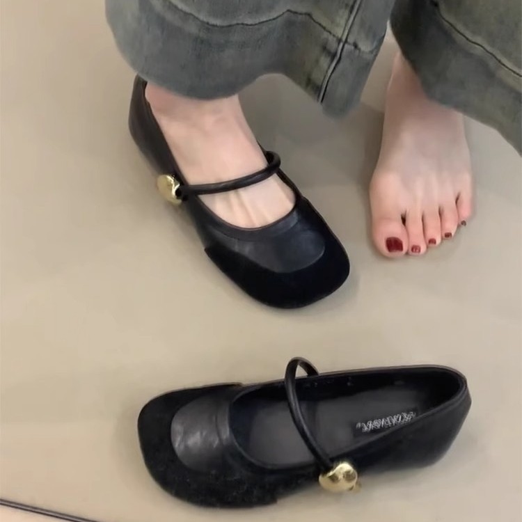 羊皮版！法式复古拼接玛丽珍鞋女春秋季新款一字带浅口内增高单鞋