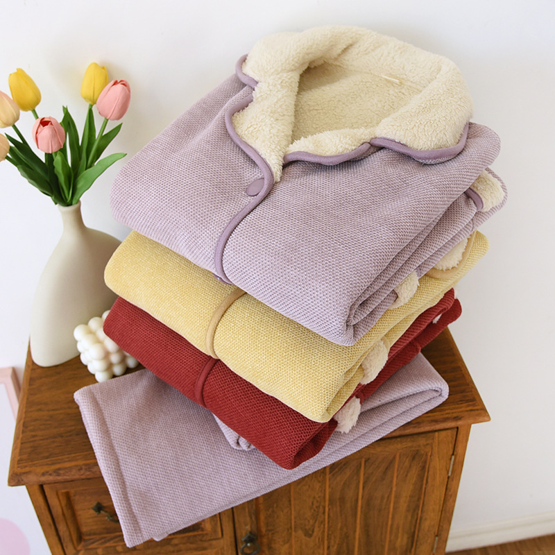 秋冬提花小格雪尼尔复合绒女套装睡衣新款加厚加密保暖家居服