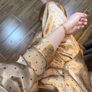 高级仿真丝绸家居服套装 冰丝大码 卡通波点k猫睡衣女新款 in韩版
