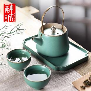 提梁壶茶具茶杯套装 日式 家用简约功夫茶具一壶两杯陶瓷茶壶茶盘