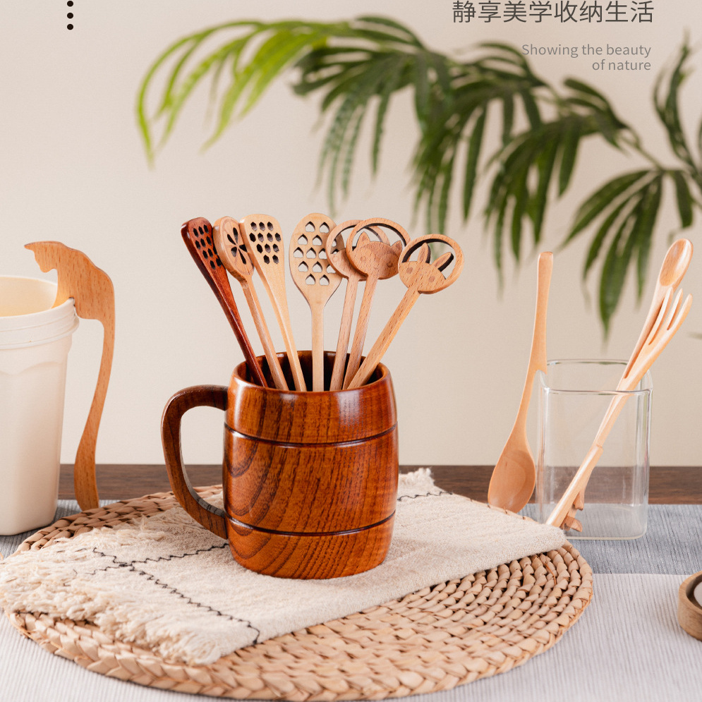 木质餐具原木色木勺蜂窝状蜂蜜勺长柄勺子咖啡勺搅拌勺