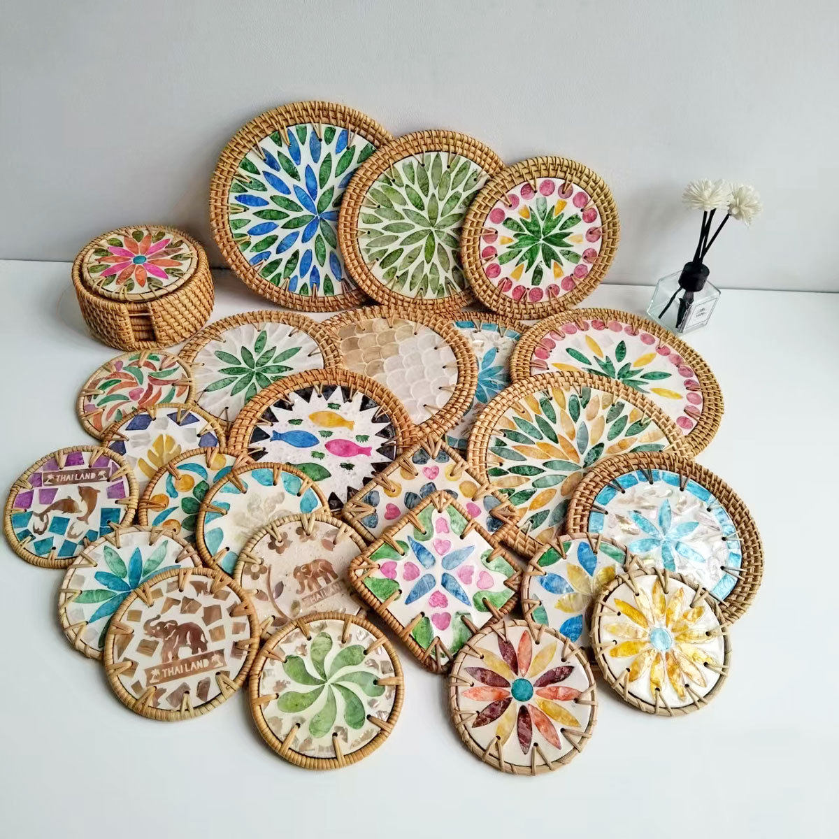 贝壳杯垫越南藤编拼彩色贝壳隔热杯垫茶壶茶杯子垫子精致藤编彩贝,餐饮具,杯垫,淘宝优惠券,粉丝福利购,淘宝优惠卷