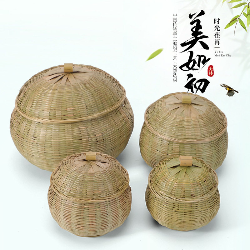 竹制品南瓜篮带盖子竹青圆形竹筐