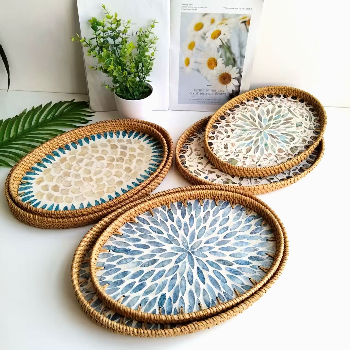 越南藤编彩贝壳零食果盘装饰摆件