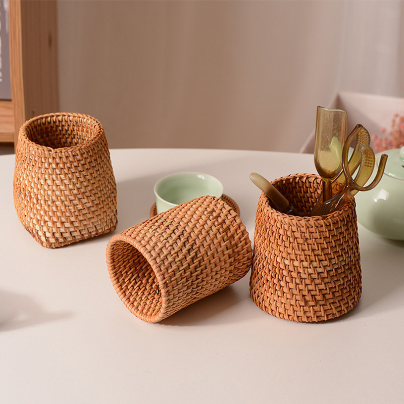 手工编织茶道防霉实木圆形笔筒