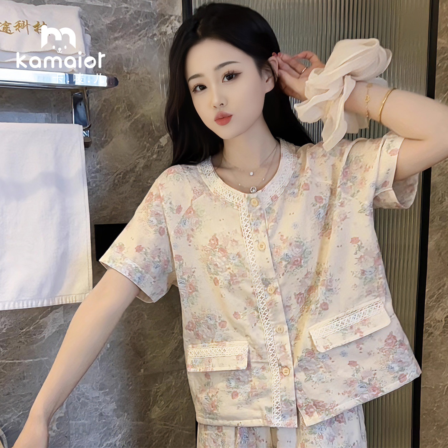 卡唛儿女纯棉碎花蕾丝睡衣新款夏