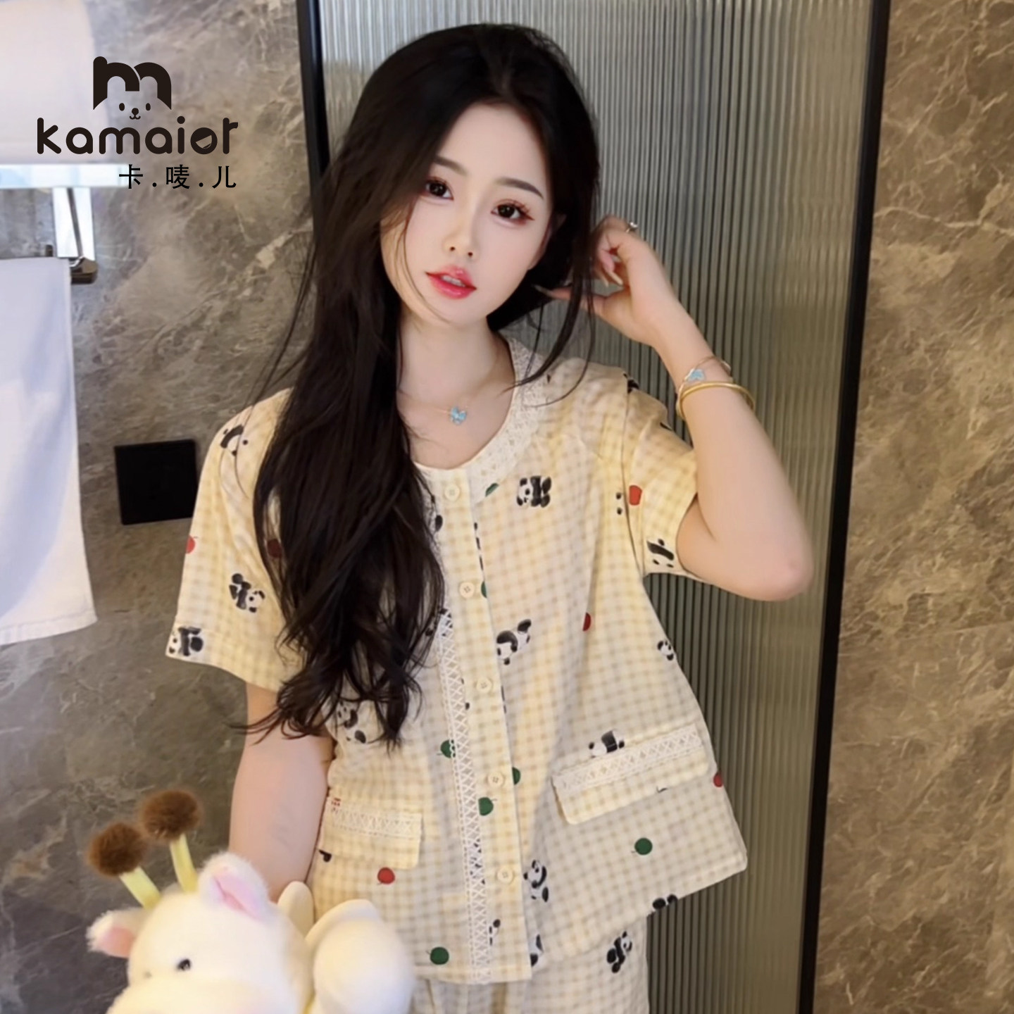 睡衣女2026夏季新款休闲显瘦可爱纯棉熊猫短袖外穿宽松家居服套装