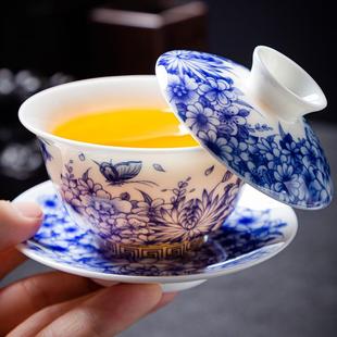 可悬停三才盖碗青花白瓷泡茶碗旋转高档茶杯单个陶瓷家用功夫茶具
