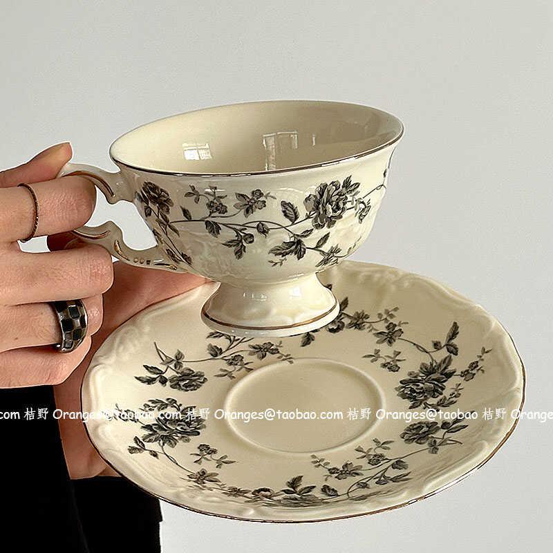 法式覆古vintage灰玫瑰咖啡杯碟套装下午茶水杯拿铁杯子小众礼物