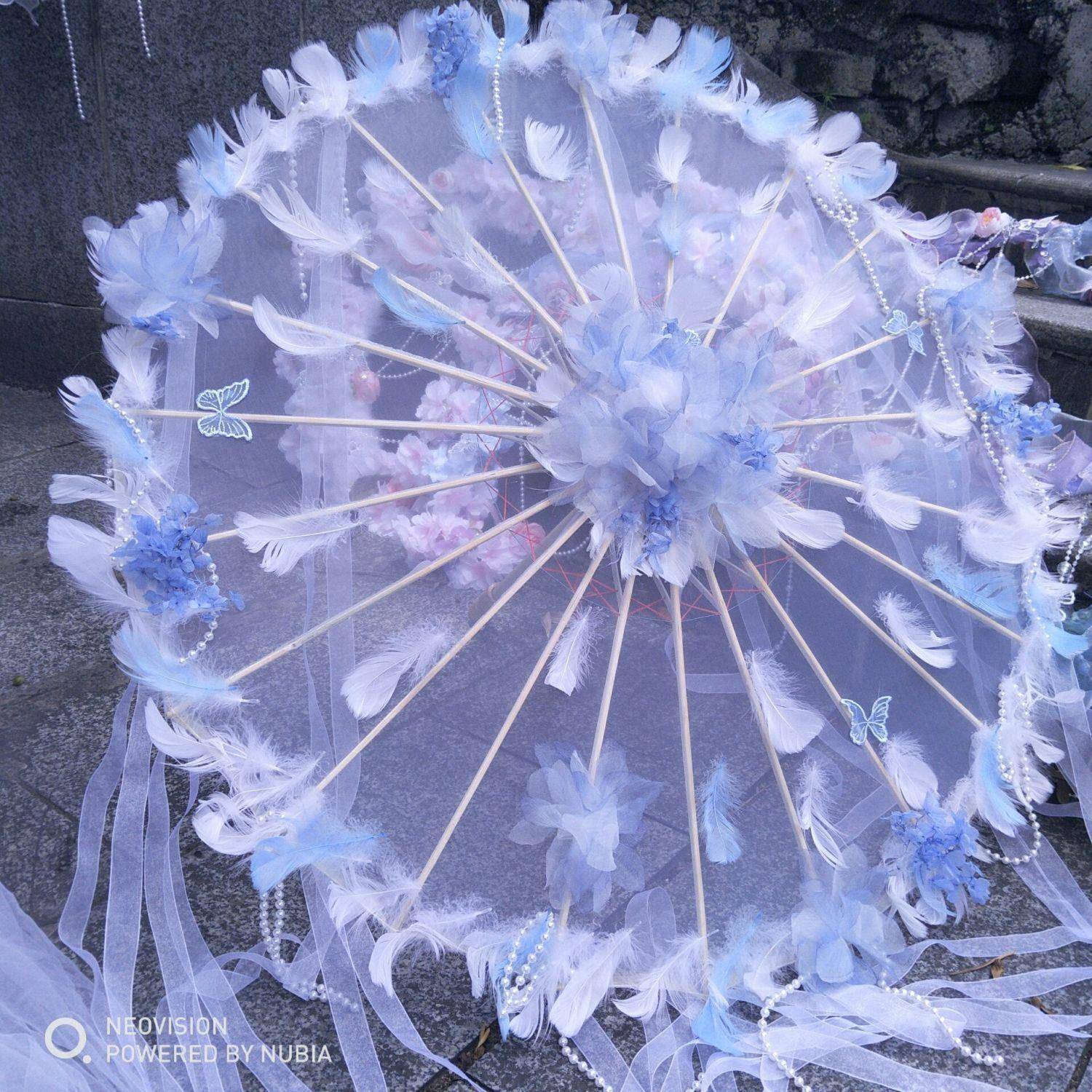 羽毛表演流苏缎带婚礼汉代Cos洛丽塔古典舞蹈t台摄影道具伞超级仙