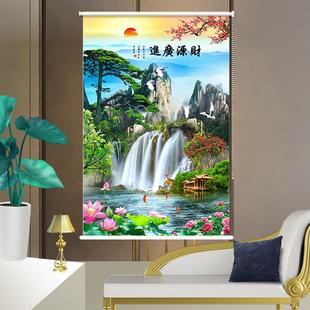 升降窗帘 定制卷帘办公室客厅厨房阳台卫生间防水遮光山水画卷拉式