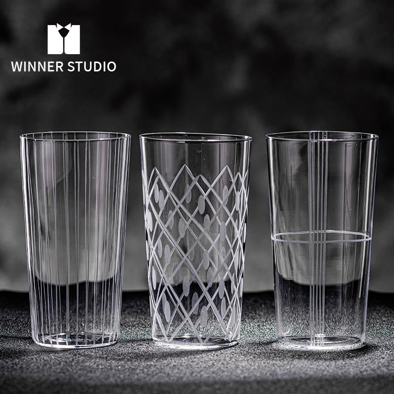 TL03超薄柯林杯长饮杯刻花鸡尾酒杯果汁杯玻璃斜身气泡水杯嗨棒杯