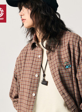 美国ELEMENT滑板长袖衬衫女春季新款宽松暗红格纹复古休闲外套潮