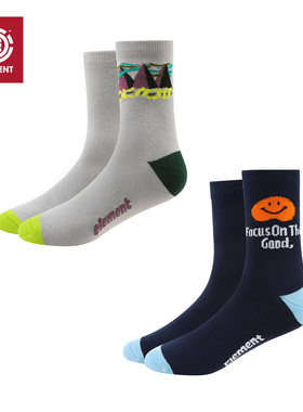 美国ELEMENT专业滑板袜子男女街潮风提花中筒袜内里毛圈运动袜2双