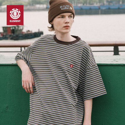 美国ELEMENT街头滑板美式复古短袖男女圆领T恤纯棉重磅条纹运动