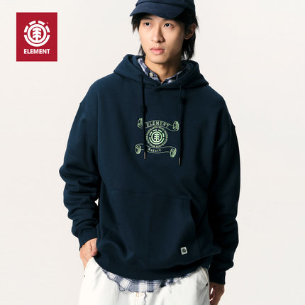 美国ELEMENT滑板连帽卫衣男深蓝刺绣抗静电一体绒落肩重磅上衣潮