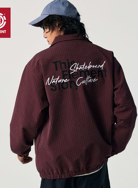 美国ELEMENT滑板夹克男秋季酒红色宽松复古格纹印花正肩防风外套
