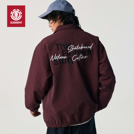 美国ELEMENT滑板夹克男秋季酒红色宽松复古格纹印花正肩防风外套