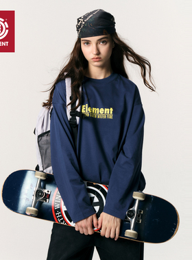 美国ELEMENT滑板&「四元素」长袖T恤女深蓝宽松复古印花重磅上衣