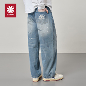 美国ELEMENT滑板牛仔裤 男蓝色复古拔白印花泼墨做旧休闲直筒长裤