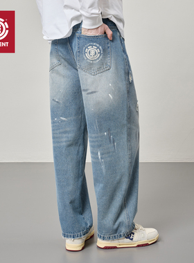 美国ELEMENT滑板牛仔裤男蓝色复古拔白印花泼墨做旧休闲直筒长裤