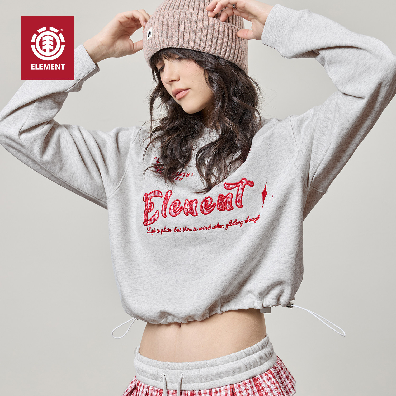 美国ELEMENT滑板短款套头卫衣女宽松格纹撞色显瘦露腰慵懒风上衣