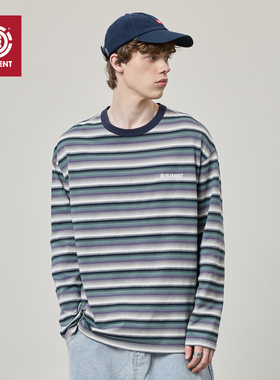 美国ELEMENT滑板长袖T恤男宽松灰绿复古条纹刺绣百搭情侣落肩上衣