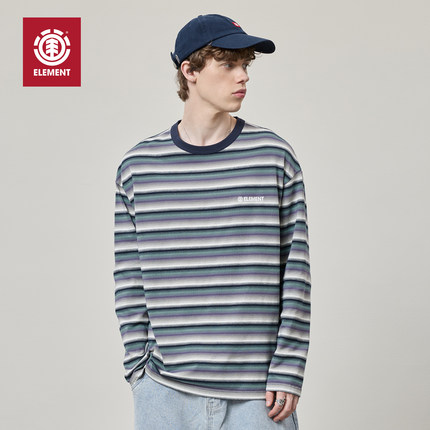 美国ELEMENT滑板长袖T恤男宽松灰绿复古条纹刺绣百搭情侣落肩上衣