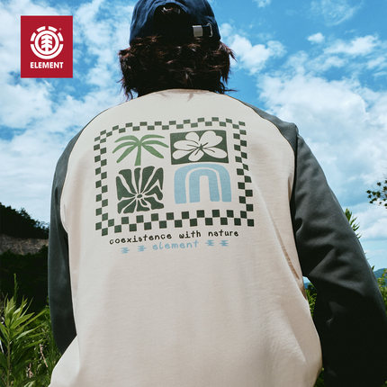 美国ELEMENT滑板长袖T恤男秋季新款印花街头复古插肩重磅打底衫女
