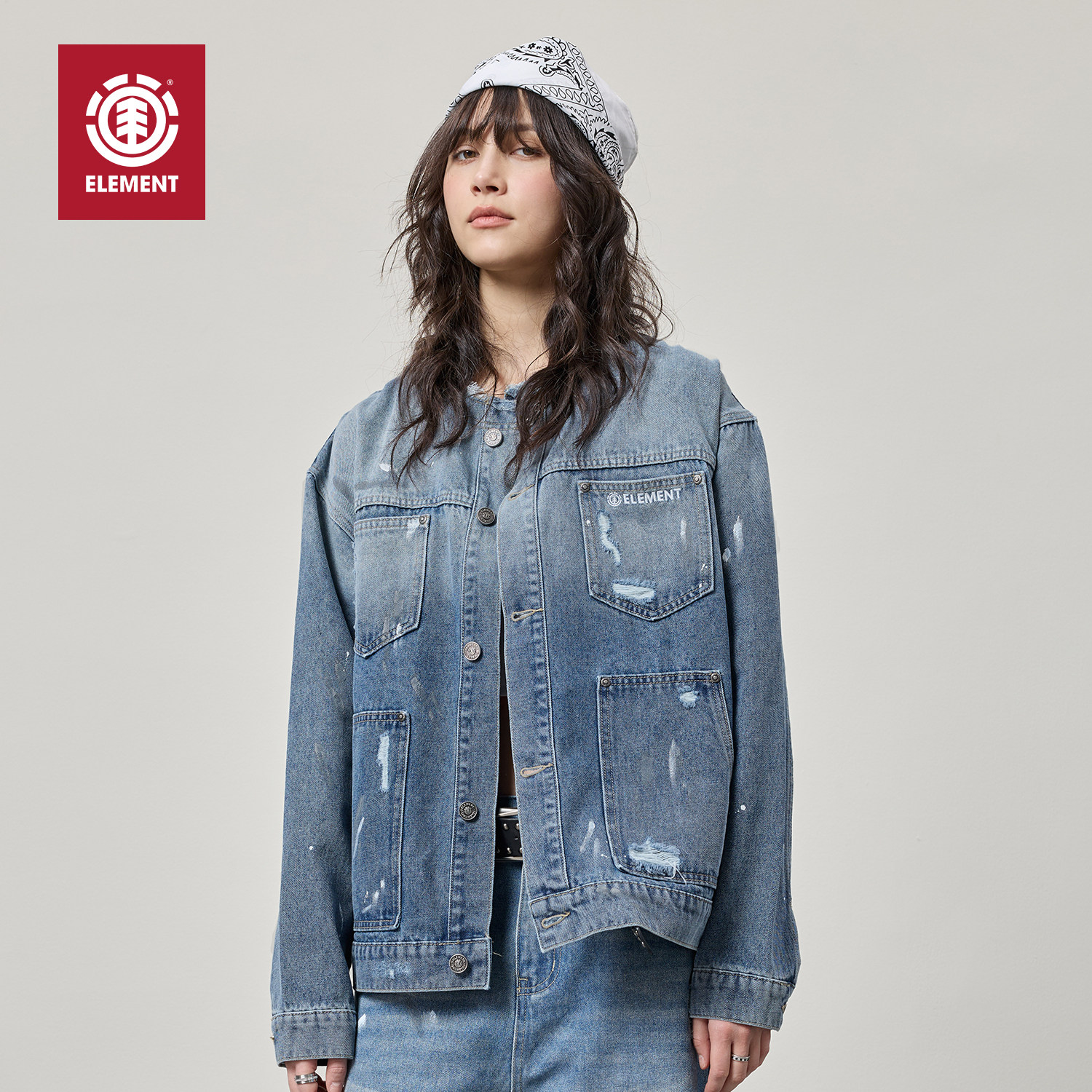 美国ELEMENT滑板牛仔夹克女宽松复古蓝色多口袋水洗做旧百搭外套,女装/女士精品,短外套,淘宝优惠券,粉丝福利购,淘宝优惠卷