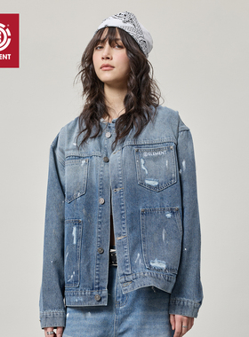 美国ELEMENT滑板牛仔夹克女宽松复古蓝色多口袋水洗做旧百搭外套