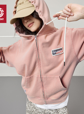 美国ELEMENT滑板开衫卫衣女连帽粉色街头风毛边水洗做旧重磅外套