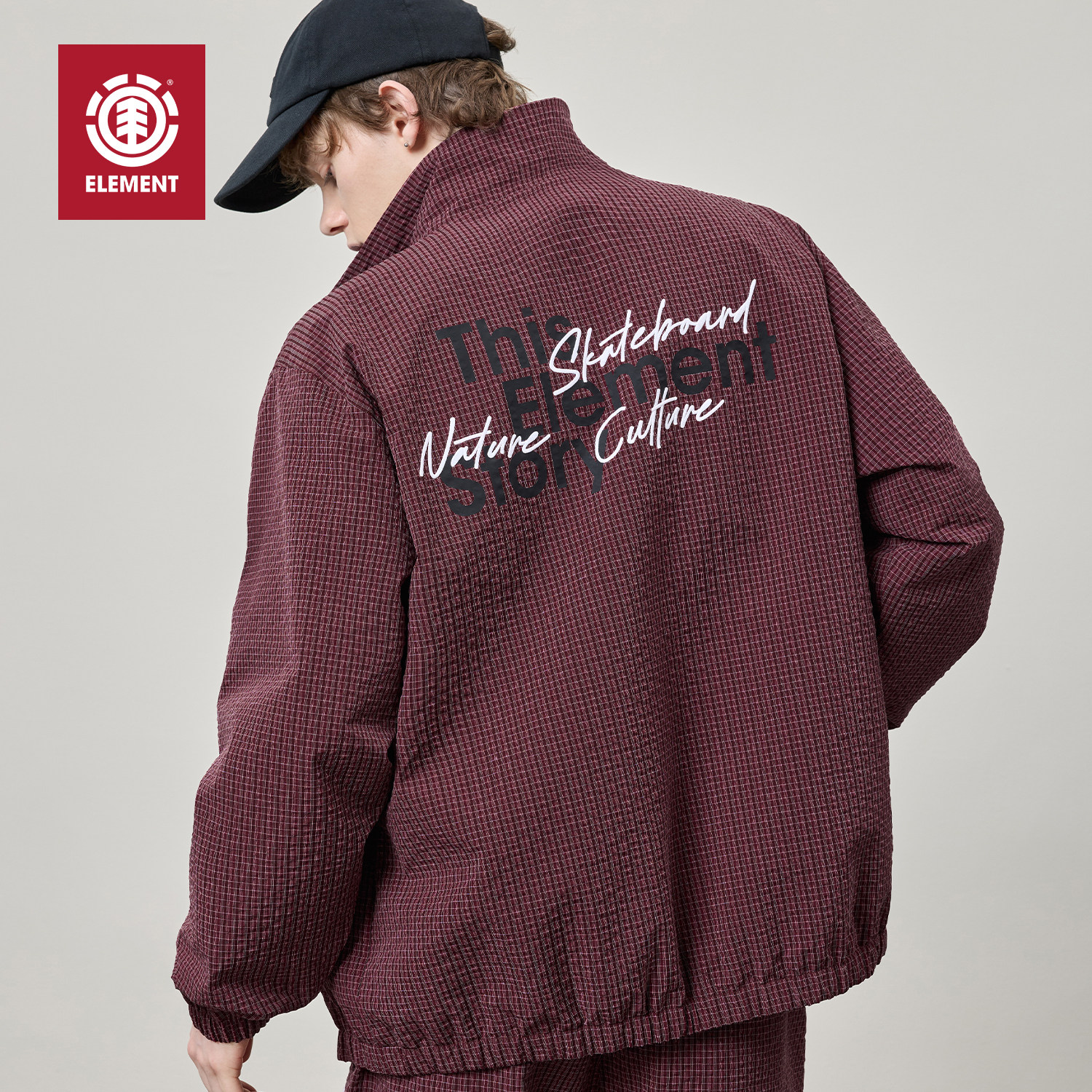 美国ELEMENT滑板套装男宽松潮流暗红格纹夹克刺绣直筒百搭休闲裤,男装,休闲运动套装,淘宝优惠券,粉丝福利购,淘宝优惠卷