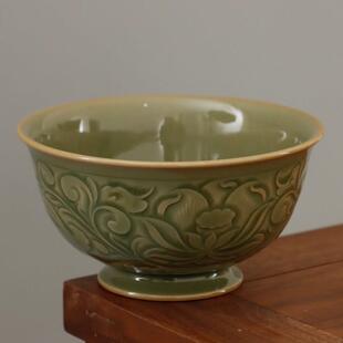耀州窑彷唐橄榄青釉原矿高温青瓷覆古家用刻花手工精品卷足中号碗