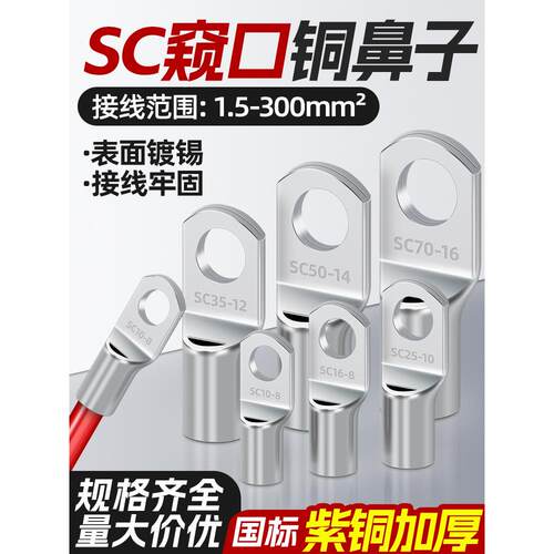 SC铜鼻子接线端子窥口铜鼻子接头A级加厚线鼻子紫铜线耳2.5/4/6